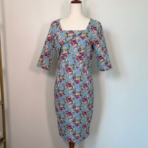 Lindy Bop Sky Blue Floral Square-Neck Midi Dress